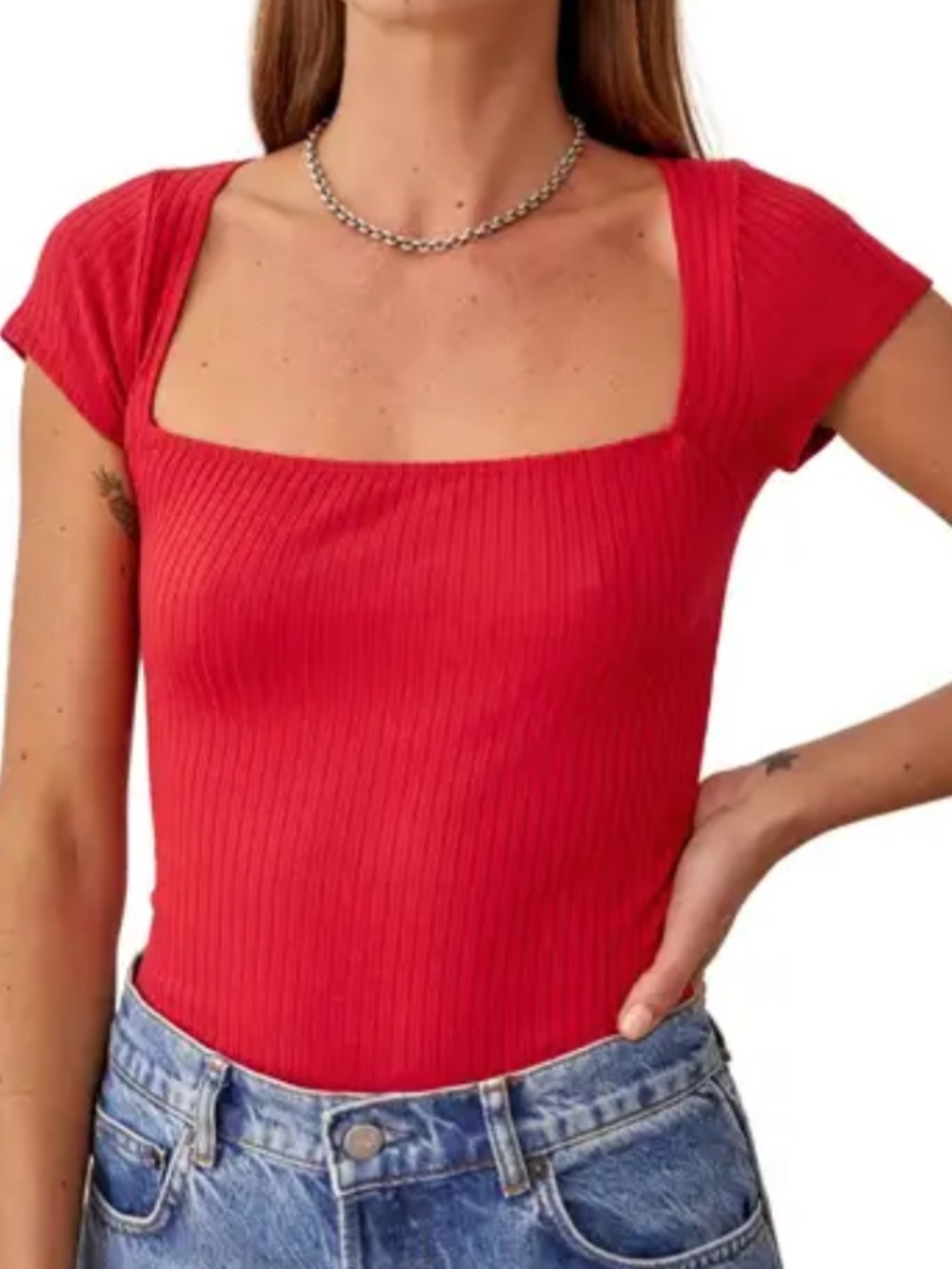 Reformation Red Ribbed Square-Neck Sweater